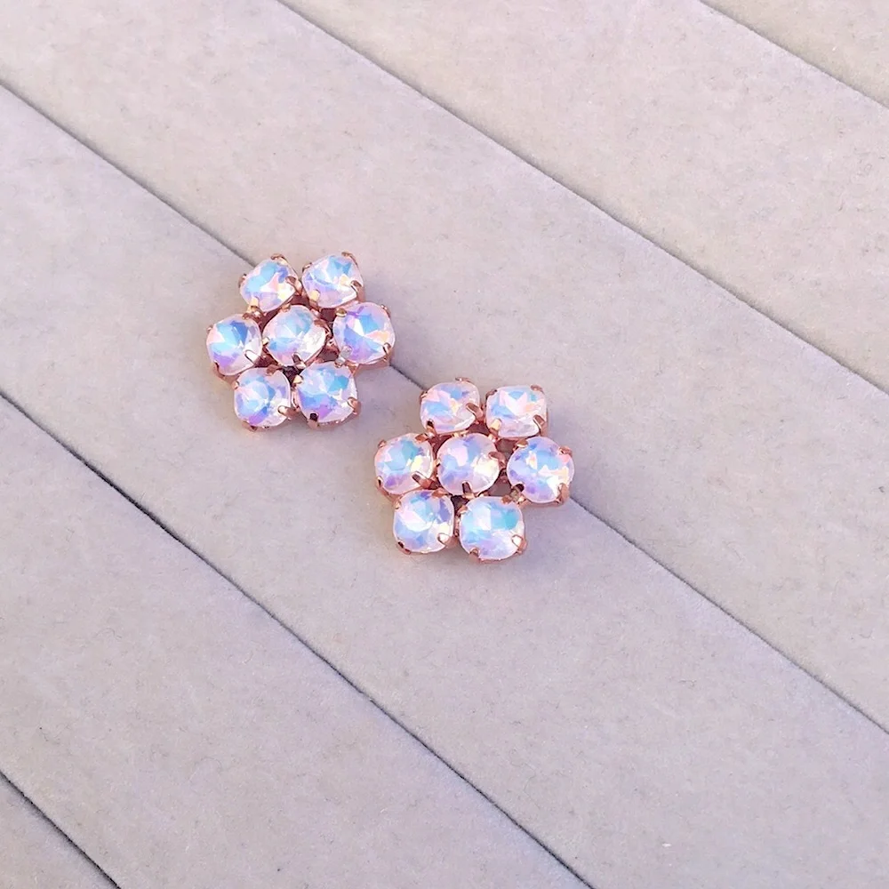 White Opal Aurora Borealis + Rose Gold Crystal Flower Earrings